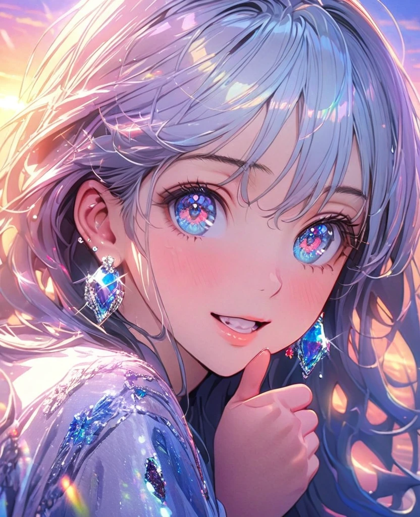 8K,gal，an extremely delicate and beautiful,Beautiful and realistic skin,Shiny jewel-like earrings,Long colorful hair,beautiful eyes,thumbs up,beautiful sunset
