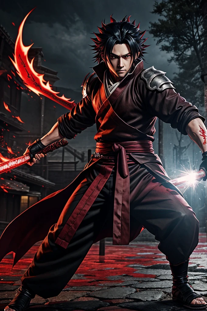 Create an anime-style male character like demon slayer who is a bearer of the stance called blood rain and who performs some stance similar to that of rengoku