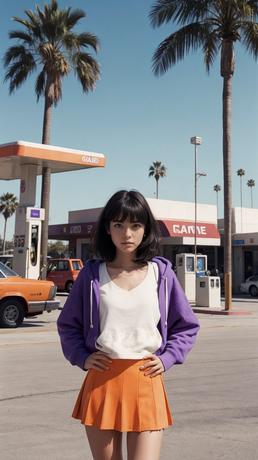 photo cinematic photograph long shot portraits by Wes Anderson, cute 23 yo girl ,fokus, bokeh ,wear ((orange color oversized_hoodie)), wear ((purple tennis skirt)),looking front,Best Quality,Masterpiece,Ultra High Resolution,(Realisticity:1.4),Original Photo, 1Girl, light leak,ultra high resolution,UHD,beautiful, (black bob hair), almond eye, no makeup, in front of ((80's los angles gas station)), (realistic:1.2), (surreal:1.3), (very detailed:1.1), ((masterpiece)),summer, blue sky, palm trees,sunny, los angles vibes,film camera, 800mm lens,style of Philip Lorca diCorcia