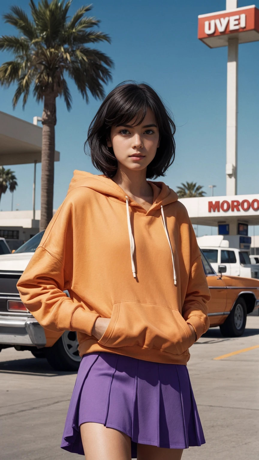 photo cinematic photograph long shot portraits by Wes Anderson, cute 23 yo girl ,fokus, bokeh ,wear ((orange color oversized_hoodie)), wear ((purple tennis skirt)),looking front,Best Quality,Masterpiece,Ultra High Resolution,(Realisticity:1.4),Original Photo, 1Girl, light leak,ultra high resolution,UHD,beautiful, (black bob hair), almond eye, no makeup, in front of ((80's los angles gas station)), (realistic:1.2), (surreal:1.3), (very detailed:1.1), ((masterpiece)),summer, blue sky, palm trees,sunny, los angles vibes,film camera, 800mm lens,style of Philip Lorca diCorcia