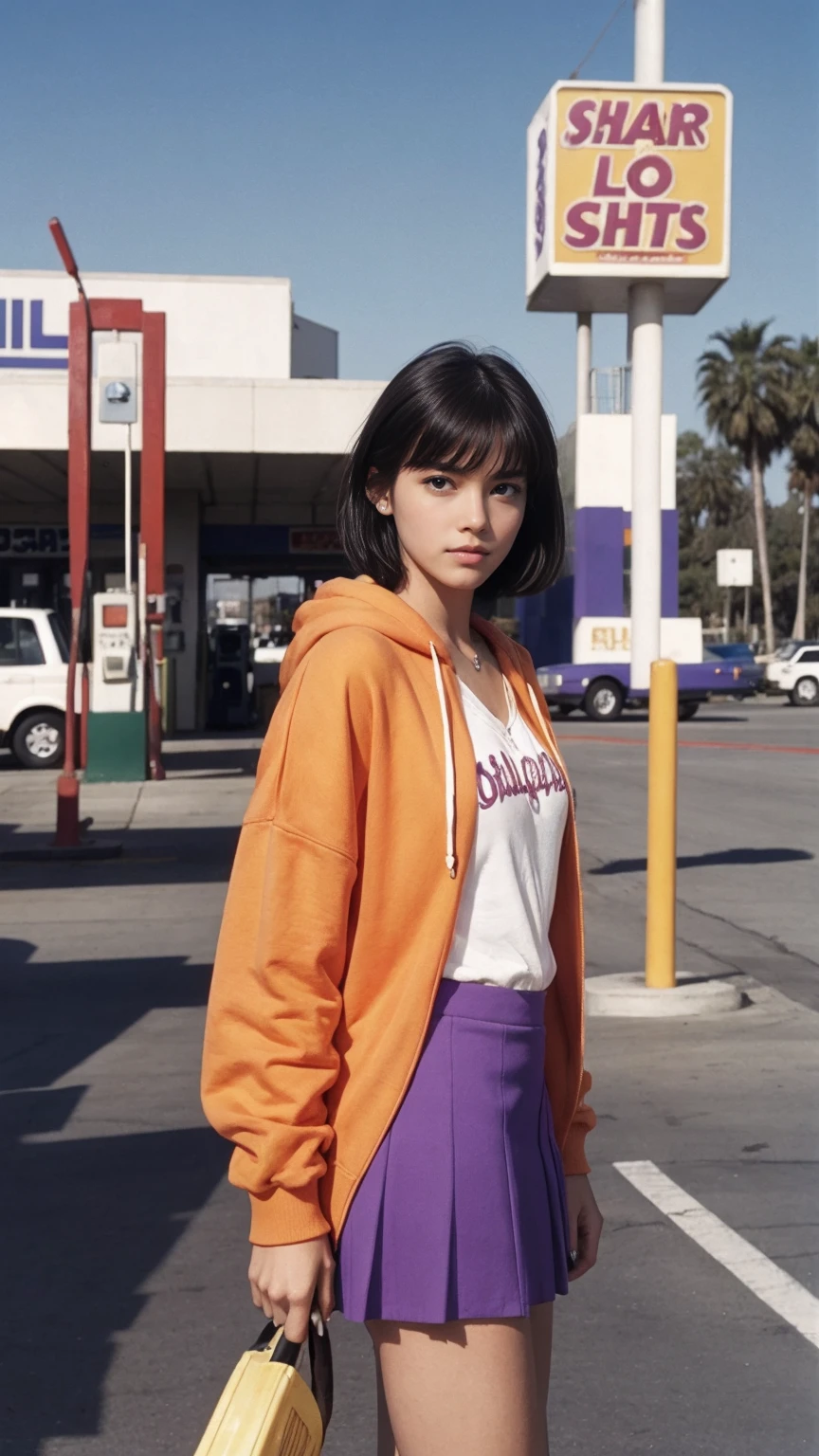 photo cinematic photograph long shot portraits by Wes Anderson, cute 23 yo girl ,fokus, bokeh ,wear ((orange color oversized_hoodie)), wear ((purple tennis skirt)),looking front,Best Quality,Masterpiece,Ultra High Resolution,(Realisticity:1.4),Original Photo, 1Girl, light leak,ultra high resolution,UHD,beautiful, (black bob hair), almond eye, no makeup, in front of ((80's los angles gas station)), (realistic:1.2), (surreal:1.3), (very detailed:1.1), ((masterpiece)),summer, blue sky, palm trees,sunny, los angles vibes,film camera, 800mm lens,style of Philip Lorca diCorcia