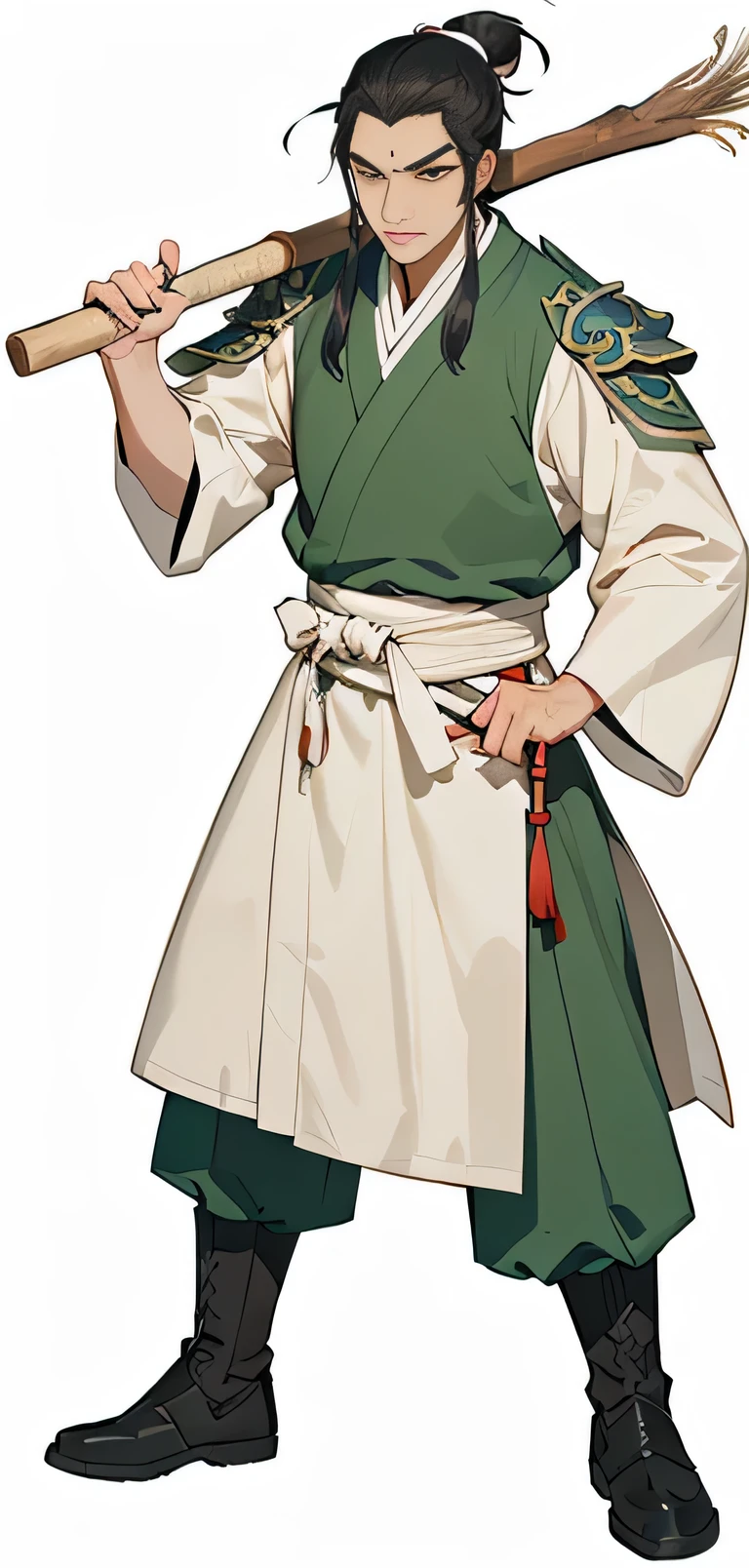 Chinese Tang Dynasty thugs,Chinese Bandits,bodyguard,A cartoon illustration of a man holding a wooden stick, Fengfeng, Inspired by Chen Jiru, 《Avatar》in Katara, Atlas, avatar hold head high, Inspired by Zhou Wentianchong, Full body close-up, hold head high, Long flowing hair and robes, Inspired by Baoichi Sakai