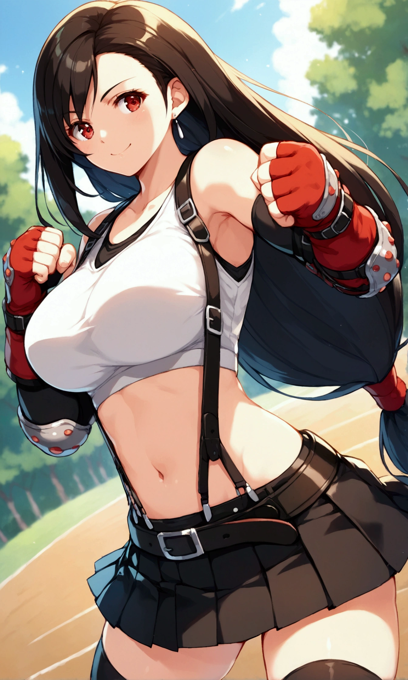 score_9, score_8_up, score_7_up,,BREAK , ,dynamicangle, dynamicpose,,,standing,contrapost, ,,straight-on,Solo ,1girl, tifa lockhart, final fantasy, tareme,black hair, low-tied long hair, red eyes, bangs, (white tank top, belt, pleated skirt, thighhighs, elbow fingerless gloves, elbow pads, midriff, navel,suspender skirt) ,(large_breast),(light smile),fist,fist,Kicking,daytime,outdoor,(ultra detailed),(best quality),(aesthetic,very aesthetic),UHD,extremely detailed CG unity 8k wallpaper,anime,depth of field,,, 　　