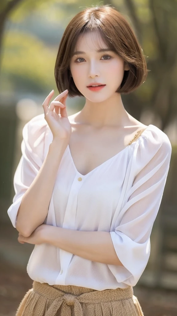 (real, High resolution:1.3), short hair, blouse:1.2,Male body with female face、A dainty man dressed as a woman、Natural photography、Transsexual、ultra High quality、Cross-dressing men、The collarbone and hands are slightly muscular.