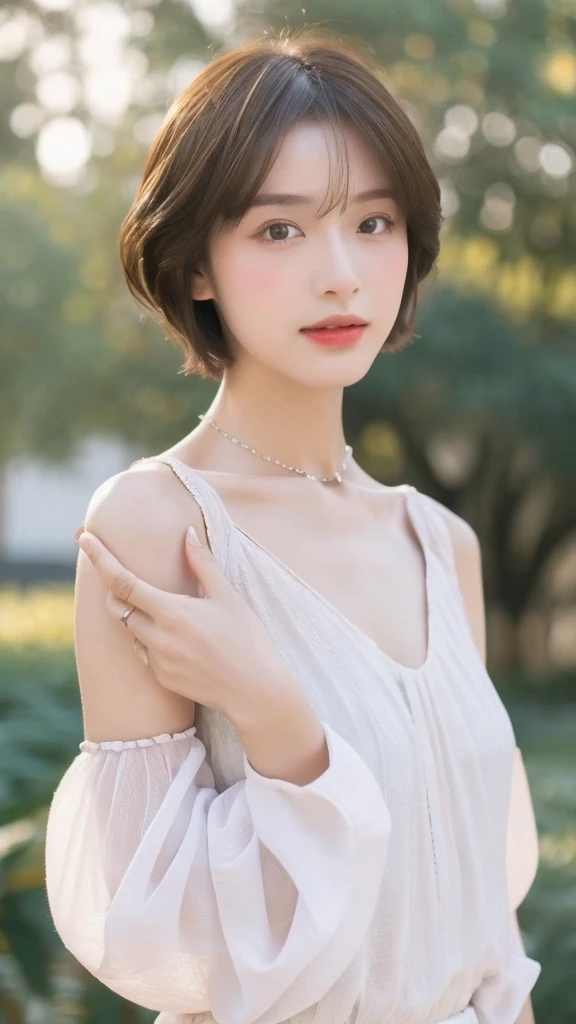 （real， High resolution：1.3）， short hair， blouse：1.2，Male body with female face、A dainty man dressed as a woman、Natural photography、Transsexual、ultra High quality、Cross-dressing men、The collarbone and hands are slightly muscular.