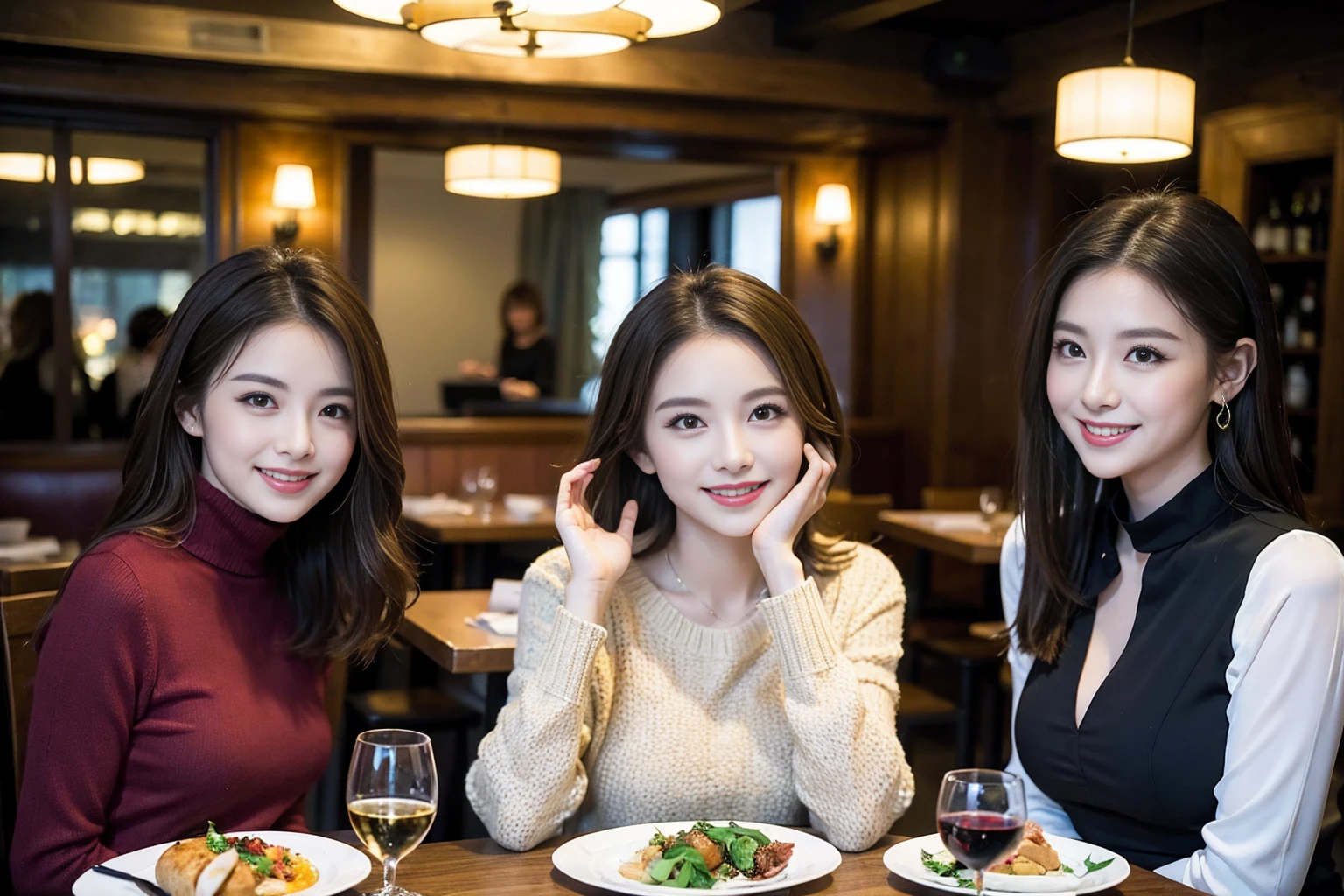 ((Highest quality、8K、masterpiece:1.3))、Shortcuts、smileハッピー、cute、slimカップル、modelカップル、actress男優、(Realistic, Intricate details:1.2), full-course dinner、Wine Party、Amazing view of the sunset sky and clouds、A bright smile、short hair,Bright Face、 (Age 38), 42 years old, red wine 、Appetizers、Italian food、Wine bottle、Champagne、sparkling wine、Two beauties、Brown Hair、Shortcuts、Long sleeve shirt、dress、Beautiful woman 1, (slimな顔), (The body is slim), (Brown Hair), (Shortcuts), cheeks turn a little red,Attractive beauty、restaurant, In a prominent place (From the waist up) Nova Frog Style, actress, model, Upper Body, White wine, slim, wine glass, 中央に置かれたwine glass, smile, (smile: 1.15), Beautiful fine grain, Depth f/2,saturation, High Contrast, Strong light and shadow,Moist Body:1.5、 texture、Delicate eyes、Brown Hair、The hair is very shiny、