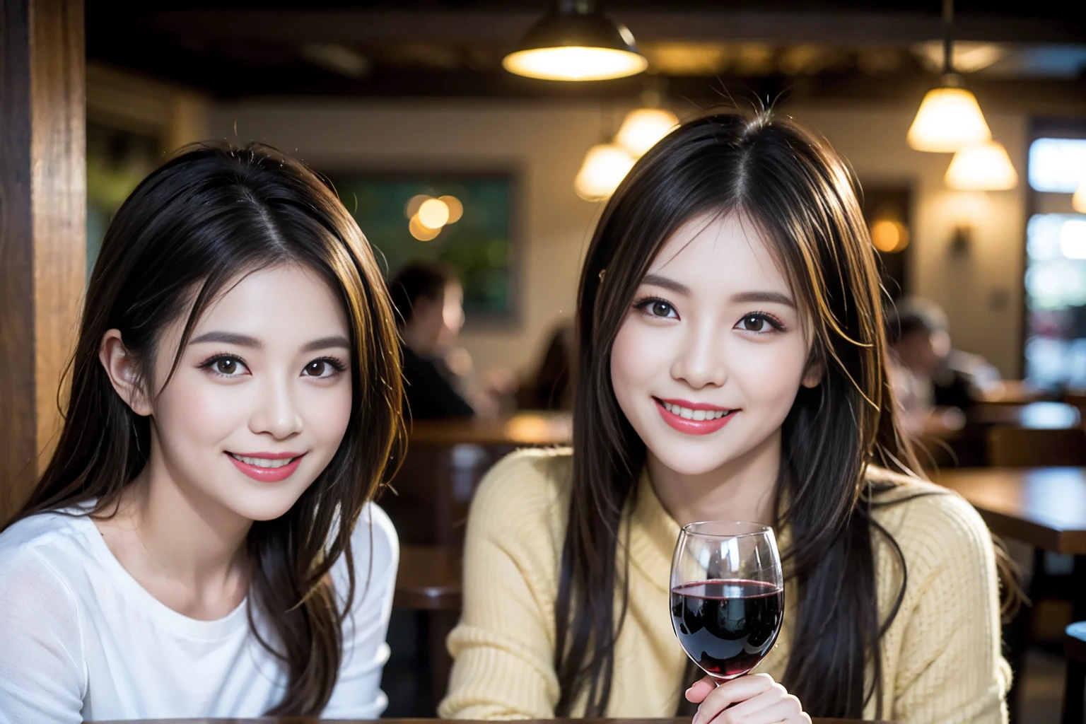 ((Highest quality、8K、masterpiece:1.3))、cute、slimカップル、modelカップル、actress男優、(Realistic, Intricate details:1.2), full-course dinner、Wine Party、Amazing view of the sunset sky and clouds、A bright smile、short hair,Bright Face、 (Age 37), age 34, red wine 、Appetizers、Italian food、Wine bottle、Champagne、sparkling wine、Two beauties、Brown Hair、Shortcuts、Long sleeve shirt、dress、Beautiful woman 1, (slimな顔), (The body is slim), (Brown Hair), (Shortcuts), cheeks turn a little red,Attractive beauty、restaurant, In a prominent place (From the waist up) Nova Frog Style, actress, model, Upper Body, White wine, slim, wine glass, 中央に置かれたwine glass, smile, (smile: 1.15), Beautiful fine grain, Depth f/2,saturation, High Contrast, Strong light and shadow,Moist Body:1.5、3D texture、Delicate eyes、Brown Hair、The hair is very shiny、