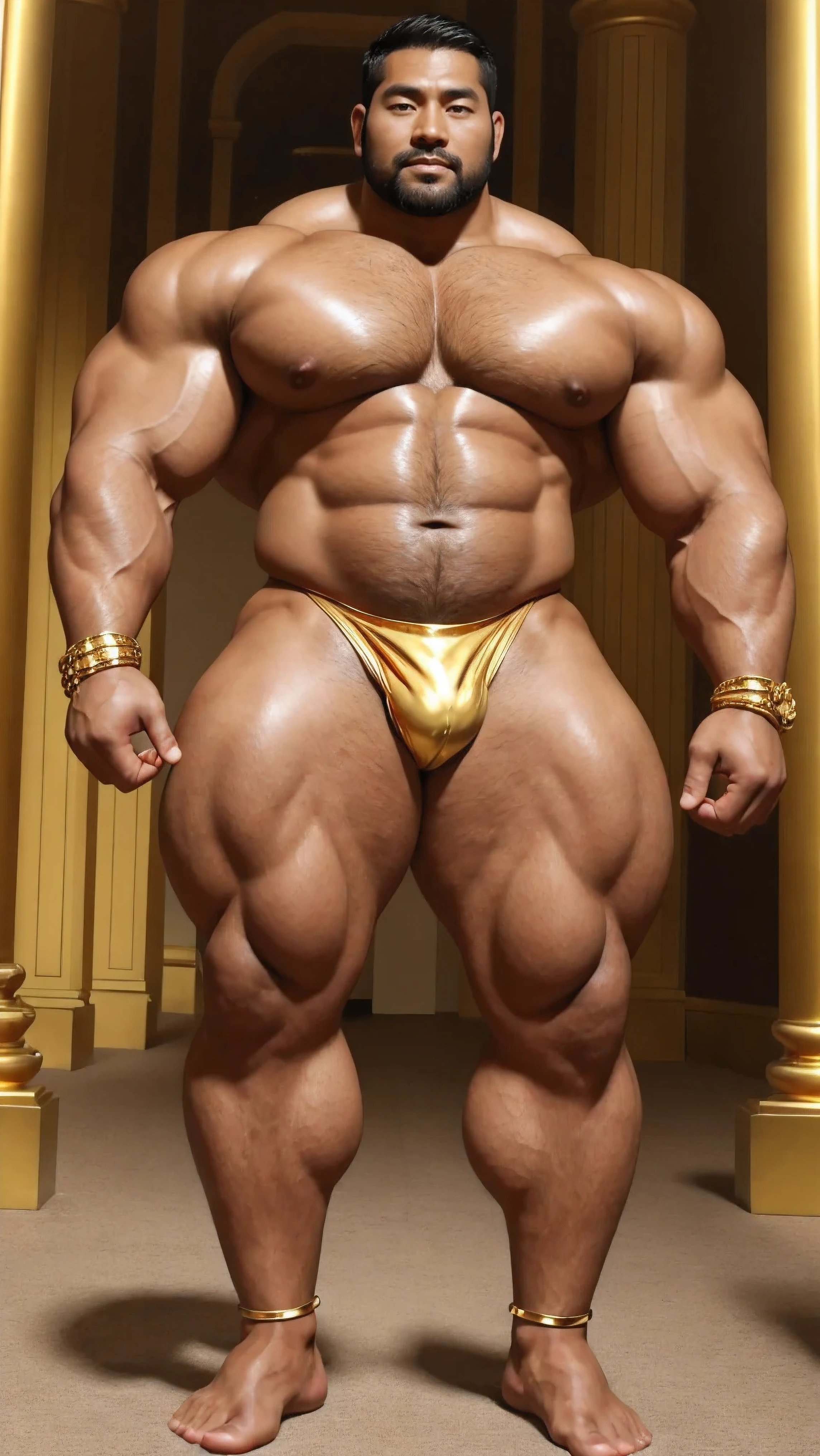 There is only one handsome Asian king in the photo,35 years old,tall, Wearing a golden crown,Crown inlaid with gemstones,Holding a golden scepter,Scepter inlaid with gemstones,Fitness,Smooth body,Smooth skin,No chest hair,short hair, O-Shaped Beard,Perfect body, Dark skin color,Radiant Skin,Smooth skin,Shiny, shiny skin,Smooth pectoral muscles,Muscle bulge, muscular, Very large pectoral muscles,Very sexy abdominal muscles,Very well-developed leg muscles,Huge concave and convex area,Brightens oily skin,Wearing a shiny gold leather thong,Handsome face,Normal human toes,Correct and accurate male body proportions,Gold Collar,Gold bracelet,Gold anklets,Standing in the magnificent palace,Epic。