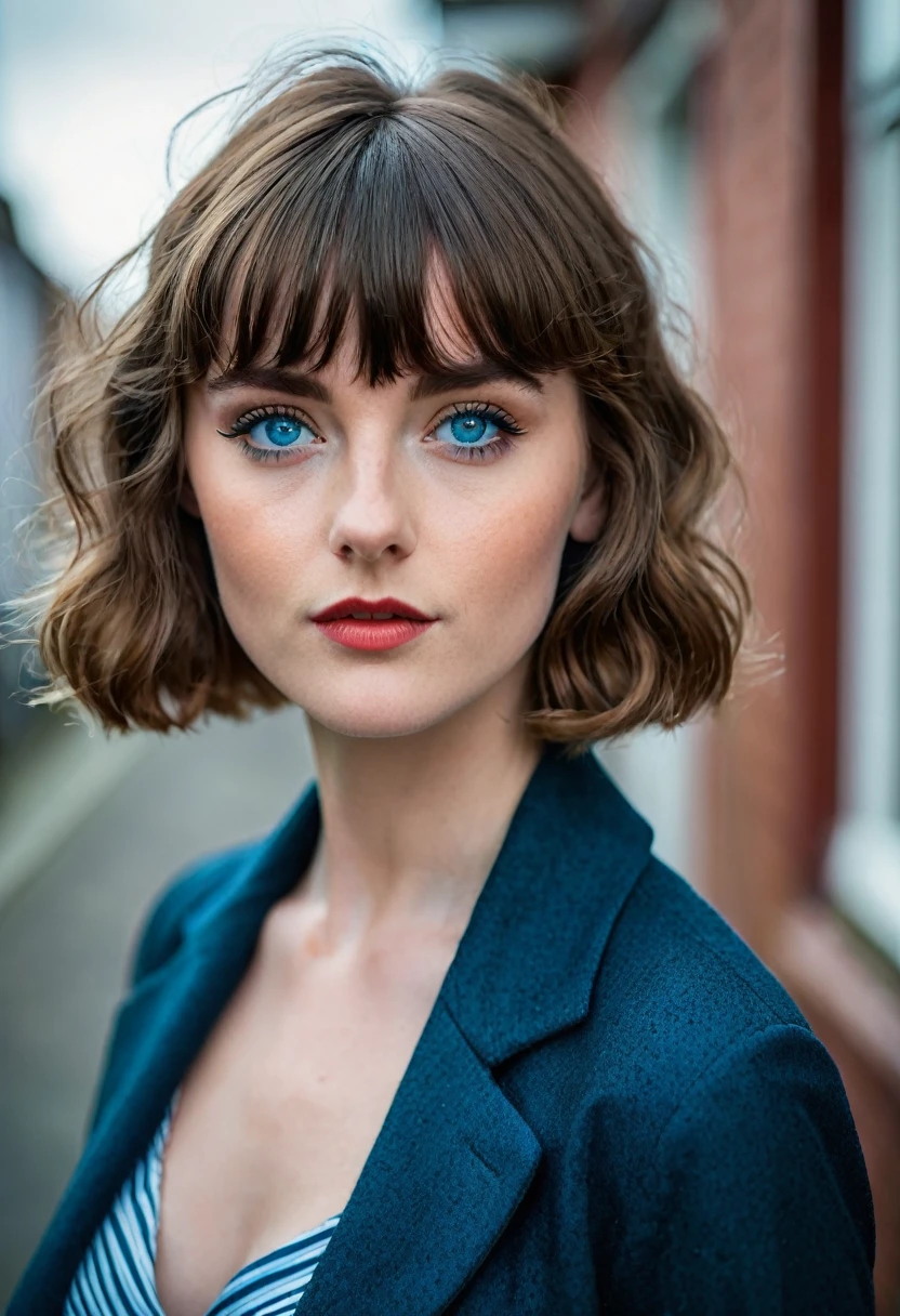 a young half Irish and half English woman, short wavey hair & bangs, blue eyes, modern retro picture aesthetic, looks like she is bravely posing for the camera, keep the same aspect ratio, The colors are masterfully captured by Nikon D850 and a Nikon AF-S NIKKOR 70-200mm f/2.8E FL ED VR lens, modern style, powerful woman image, dark clothes,