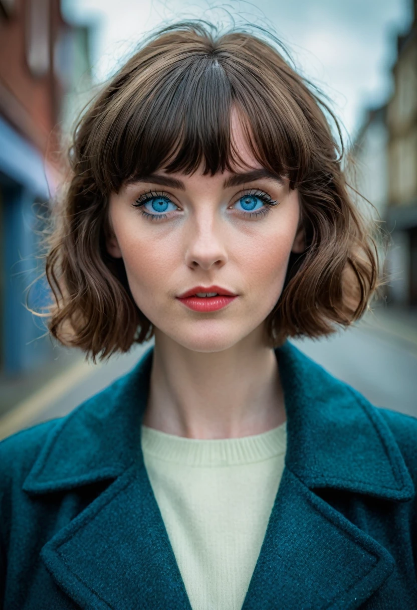 a young half Irish and half English woman, short wavey hair & bangs, blue eyes, modern retro picture aesthetic, looks like she is bravely posing for the camera, keep the same aspect ratio, The colors are masterfully captured by Nikon D850 and a Nikon AF-S NIKKOR 70-200mm f/2.8E FL ED VR lens, modern style, powerful woman image, dark clothes,