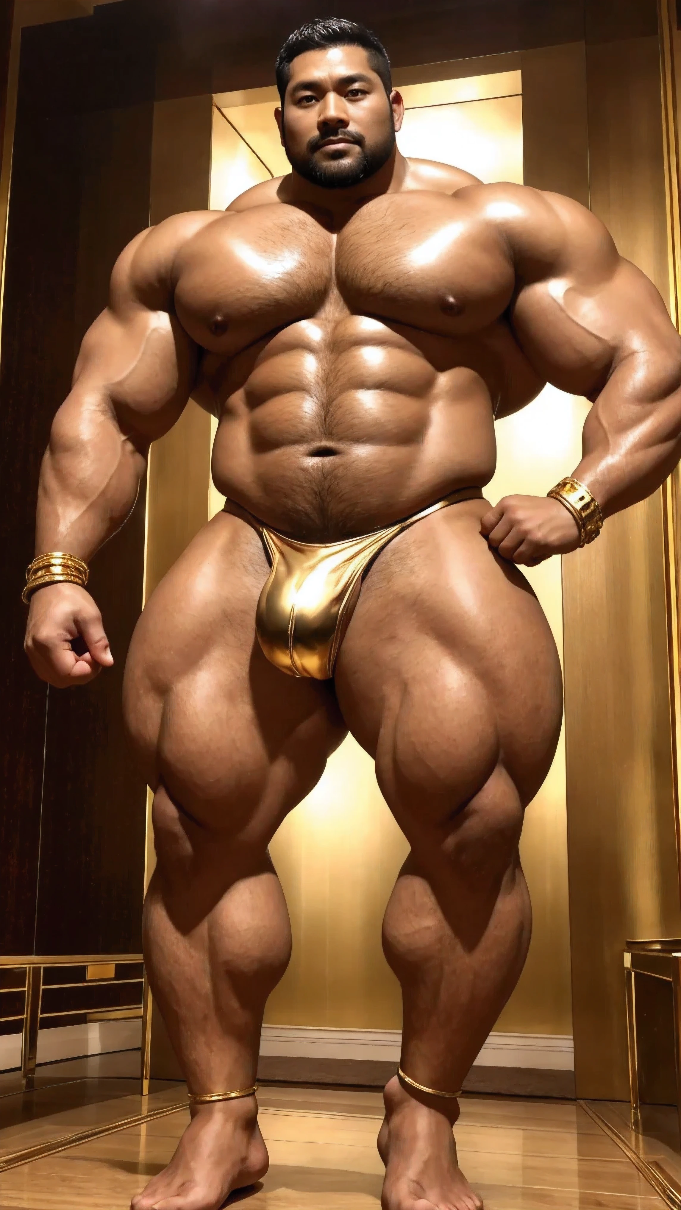 There is only one handsome Asian king in the photo,35 years old,tall, Wearing a golden crown,Crown inlaid with gemstones,Holding a golden scepter,Scepter inlaid with gemstones,Fitness,Smooth body,Smooth skin,No chest hair,short hair, O-Shaped Beard,Perfect body, Dark skin color,Radiant Skin,Smooth skin,Shiny, shiny skin,Smooth pectoral muscles,Muscle bulge, muscular, Very large pectoral muscles,Very sexy abdominal muscles,Very well-developed leg muscles,Huge concave and convex area,Brightens oily skin,Wearing a shiny gold leather thong,Handsome face,Normal human toes,Correct and accurate male body proportions,Gold Collar,Gold bracelet,Gold anklets,Standing in the magnificent palace,Epic。