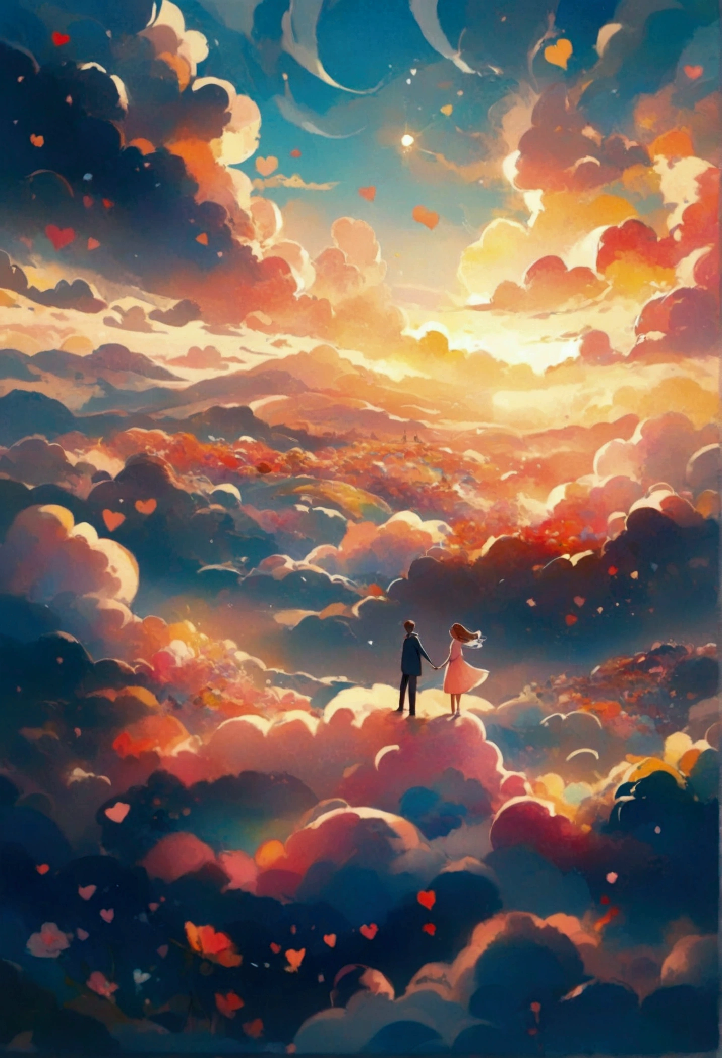 a couple standing on top of a cloud