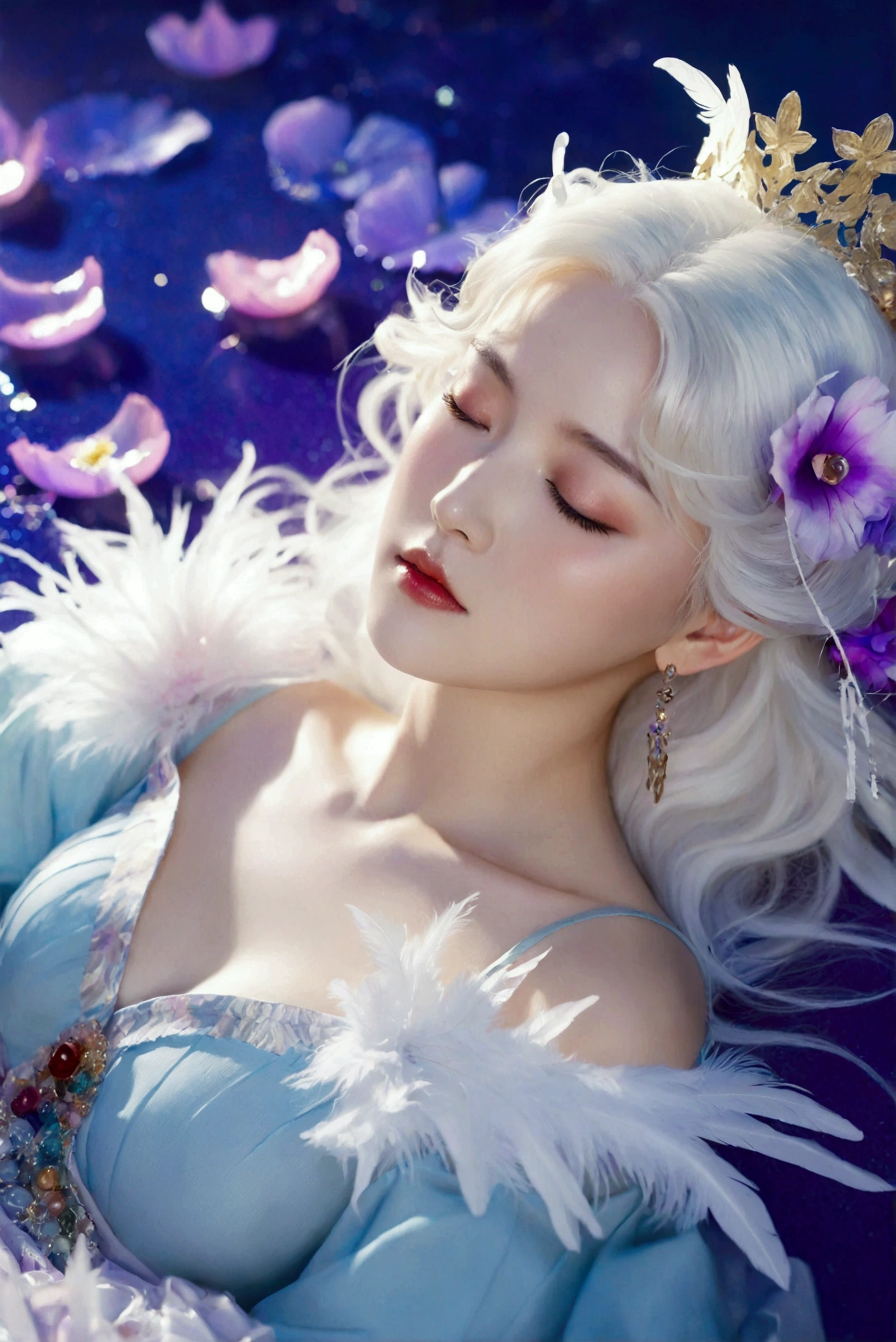 Masterpiece,Dazzling multicolored light,ultra detailed,A girl.,In the flowers,**** a sleeping princess,Earrings,White feather tulle,Long white eyelashes,Extra-long hair is slightly curly,White hair,(Hair takes up the entire frame),a charming face,Glowing lips,clavicle,Shoulder exposure,Floating petals,Dreamy and beautiful,The characters are thick and painted.,Fine strokes,Wallpaper,The background is graded with white and purple,anime aesthetic,Poolcoreanime beauty,Hyperrealism,sparkle,textured skin,super detail,best quality,8k, ,