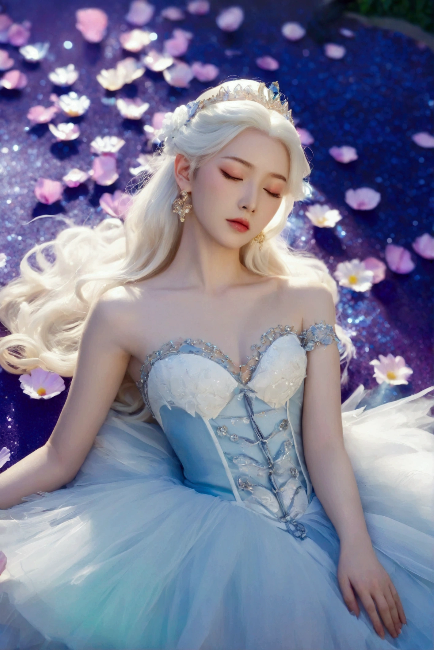 Masterpiece,Dazzling multicolored light,ultra detailed,A girl.,In the flowers,**** a sleeping princess,Earrings,White feather tulle,Long white eyelashes,Extra-long hair is slightly curly,White hair,(Hair takes up the entire frame),a charming face,Glowing lips,clavicle,Shoulder exposure,Floating petals,Dreamy and beautiful,The characters are thick and painted.,Fine strokes,Wallpaper,The background is graded with white and purple,anime aesthetic,Poolcoreanime beauty,Hyperrealism,sparkle,textured skin,super detail,best quality,8k, ,