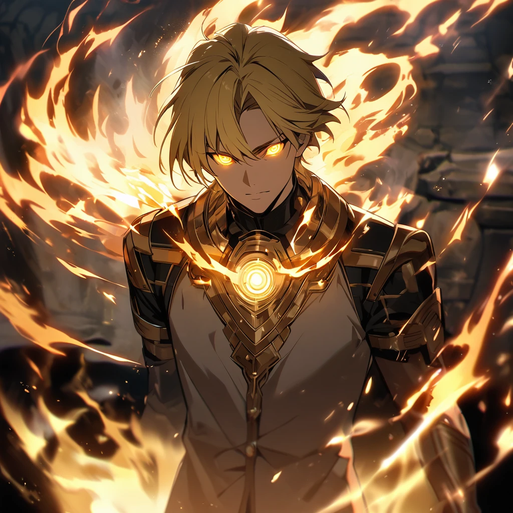 male, solo, handsome, blond hair, god, god eyes, glowing eyes, light, aura, holo, golden