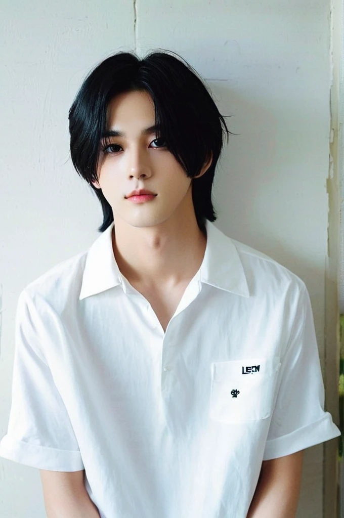 One boy、Young man with black hair(Mash Straight)((Long Hair)),With nape、Long enough to cover the earale K-Pop Idols、Levi Ackerman、Medium portrait、chop、Beautiful Model、Oval Face、Vivid、Cafe、(In a dark room)、The whole body is shown、((Full body photo))