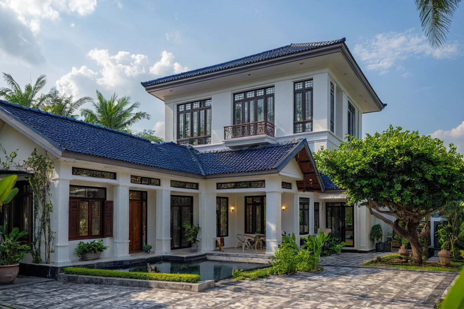 (masterpiece:1.2), best quality, photo Modern house in Vietnam with dark tiled roof, dark granite walls, neoclassical details, green environment, daylight, landscape Street view, natural light, vivid colors an elegant detached house with large windows, dark gray door frames.