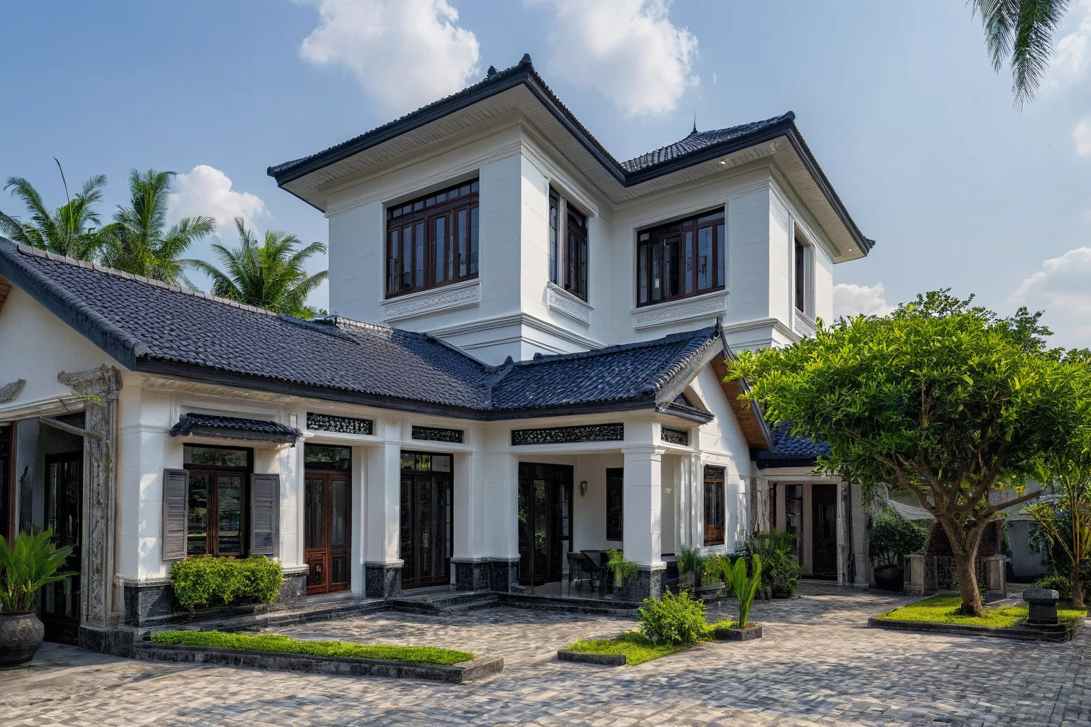 (masterpiece:1.2), best quality, photo Modern house in Vietnam with dark tiled roof, dark granite walls, neoclassical details, green environment, daylight, landscape Street view, natural light, vivid colors an elegant detached house with large windows, dark gray door frames.