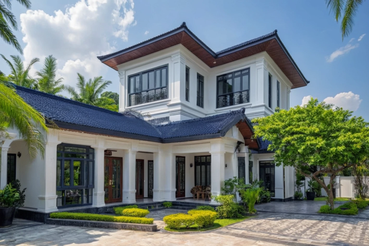 (masterpiece:1.2), best quality, photo Modern house in Vietnam with dark tiled roof, dark granite walls, neoclassical details, green environment, daylight, landscape Street view, natural light, vivid colors an elegant detached house with large windows, dark gray door frames.