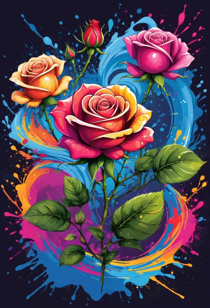 A t-shirt with vector art of a colorful rose illustration, At the center, swirly vibrant colors, paint splashes and smears, high détail,Hawaii Background
(artwork, best quality, proffesional, perfect composition, very aesthetic, absurdrez, super verbose, Intricate details:1.3)