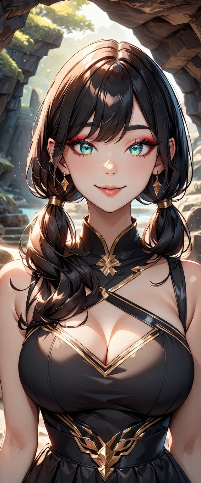 Photo of a woman with natural skin, Seaside cave, The light is shining in, Upper Body, Smiling, High Twintails, Black hair with red mesh, Sharp eyes with red eyeshadow, Blue-green eyes, Shining eyes, A thin, upturned nose, Well-shaped lips, Big Breasts, ((Black off-the-shoulder dress, Thin shoulder straps)), barefoot, Makeup, Exquisitely crafted with the utmost attention to detail, Vibrant, amazing, Smooth, Cinematic, 4K, Backlight, (()), Shallow depth of field, ((Detailed eyes:1.3, Detailed lips:1.3, high quality, )), masterpiece, Super detailed images, High quality