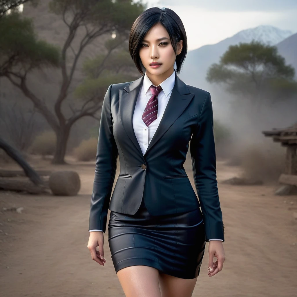 Ultra-realistic extremely detailed real life 8k masterpiece of a gorgeous asian woman re ada wong wearing (((skirt suit))), (((three-piece suit))), (((dress shirt))), (((necktie))), (((blazer))), (((black lapel))), (((suit jacket))), ((waistcoat)), double-breasted waistcoat, (((bodycon miniskirt))), pocket square, cufflinks, tie clip , tailored suit,, extremely detailed facial features, dark scary epic lighting, horror composition