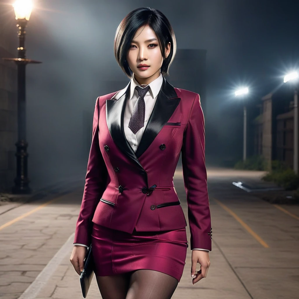 Ultra-realistic extremely detailed real life 8k masterpiece of a gorgeous asian woman re ada wong wearing (((skirt suit))), (((three-piece suit))), (((dress shirt))), (((necktie))), (((blazer))), (((black lapel))), (((suit jacket))), ((waistcoat)), double-breasted waistcoat, (((bodycon miniskirt))), pocket square, cufflinks, tie clip , tailored suit,, extremely detailed facial features, dark scary epic lighting, horror composition