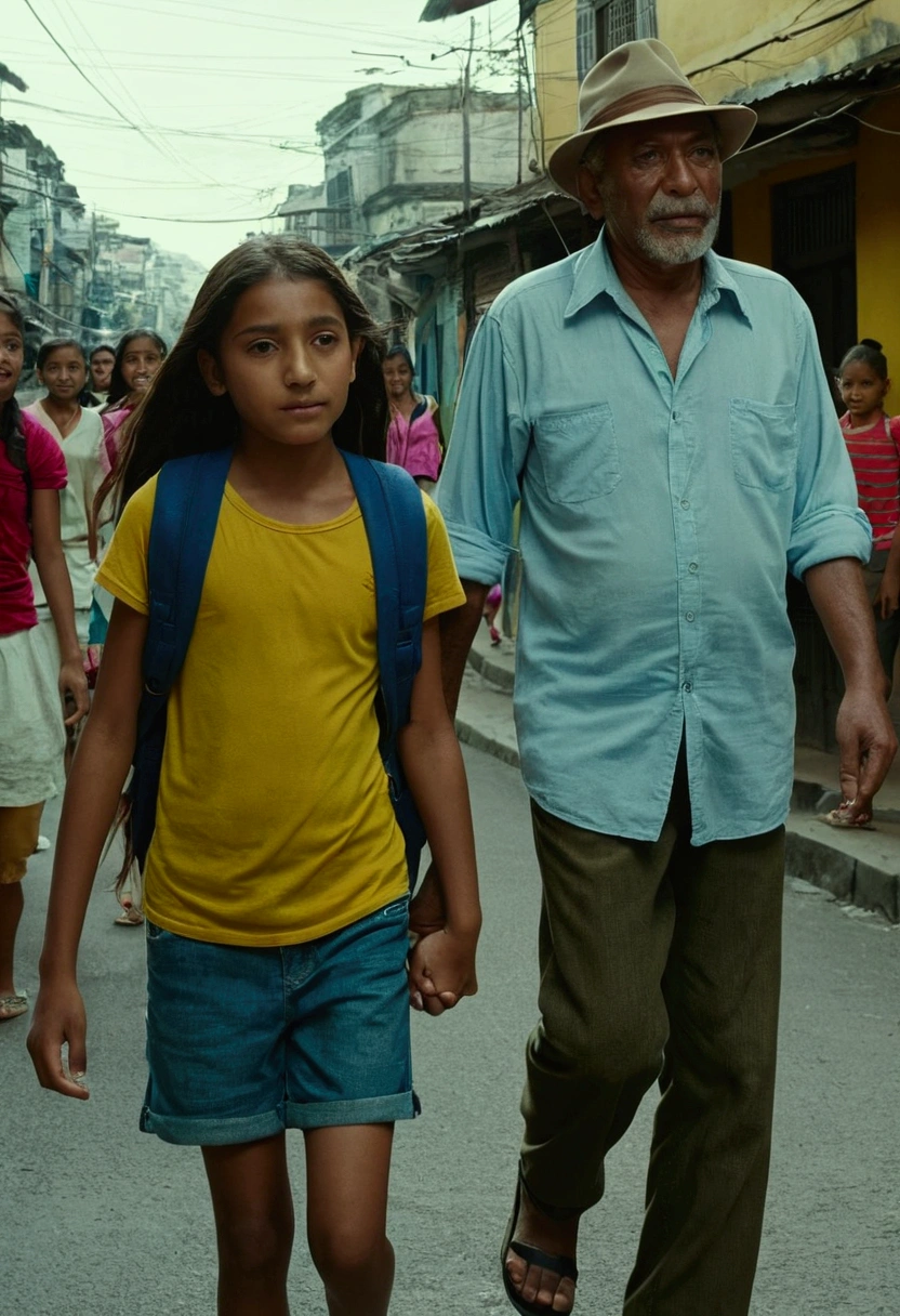 [Medium Shot] Uncle and his 15 year old daughter, People who came back from faraway South America, Stepping eagerly into the bustling streets of his hometown.