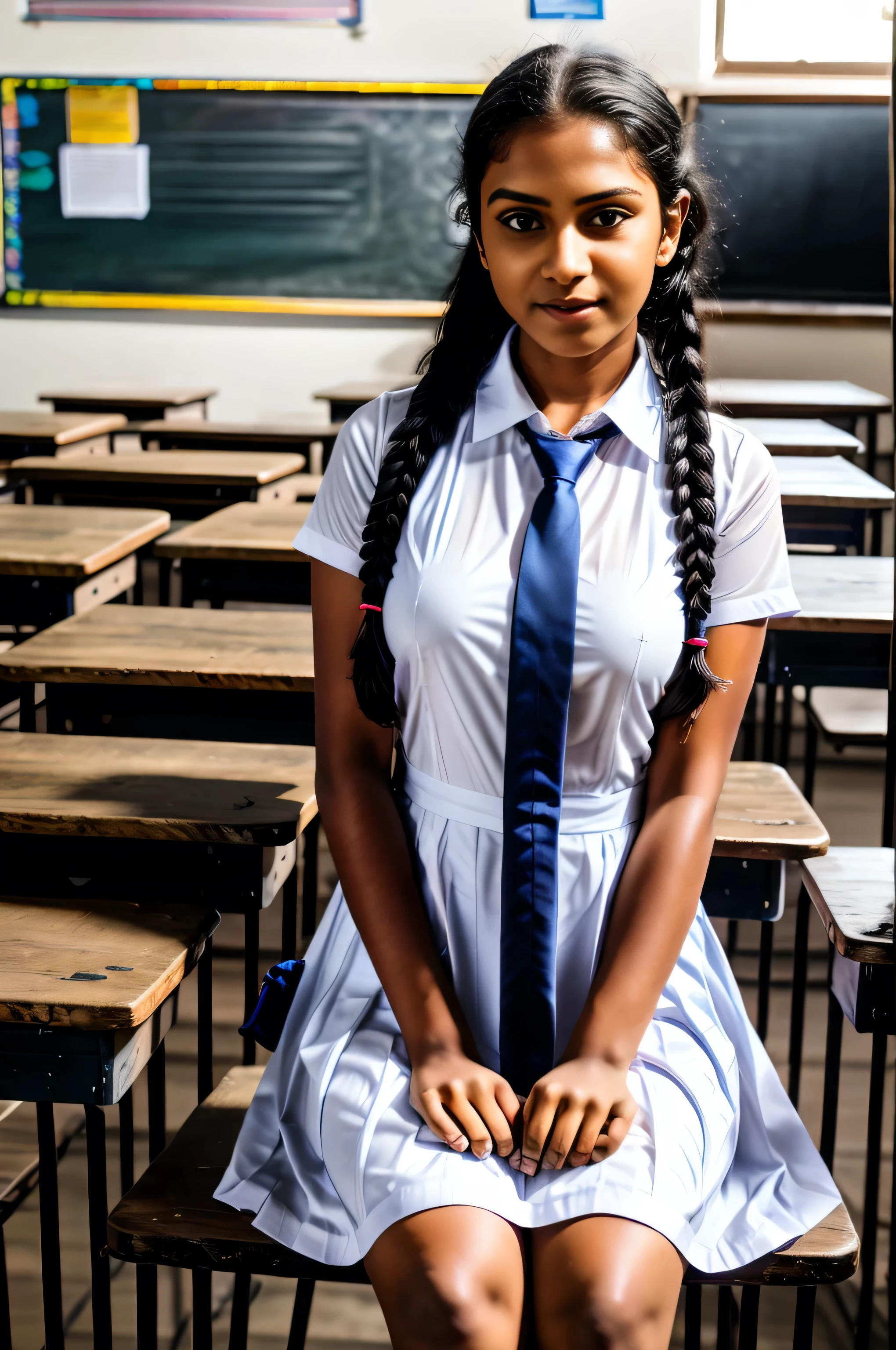 Raw photo , 1 girl ,Wearing white frock and color tie, white shoes, (( school girl studying on on in the classroom)), with plait, biggest breasts size , professional photographer, (hdr:1.4), masterpiece, ultra-realistic 8k, perfect artwork, intricate details, cute face, award winning photograph, (Best quality, 8k, 32k, Masterpiece, UHD:1.3) , Best Category- "Portrait Photography": "RAW photo of a beautiful cute Sri Lankan school girl, medium breast size , 20 years old, wearing a white frock and a colored tie. She has plaits, black braided long hair, and is wearing white shoes and socks. The photo should capture her full body in a portrait style." ,realistic , hyper, realistic , photorealistic , HD ,realistic , natural skin, 8k, UHD, high quality, film grain, Fujifilm XT3