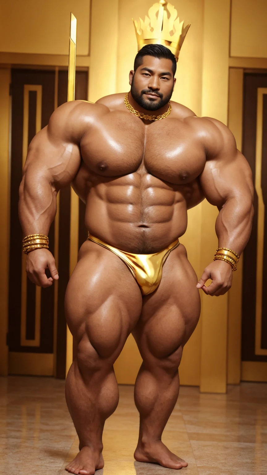 There is only one handsome Asian king in the photo,35 years old,tall, Wearing a golden crown,Crown inlaid with gemstones,Holding a golden scepter,Scepter inlaid with gemstones,Fitness,Smooth body,Smooth skin,No chest hair,short hair, O-Shaped Beard,Perfect body, Dark skin color,Radiant Skin,Smooth skin,Shiny, shiny skin,Smooth pectoral muscles,Muscle bulge, muscular, Very large pectoral muscles,Very sexy abdominal muscles,Very well-developed leg muscles,Huge concave and convex area,Brightens oily skin,Wearing a shiny gold leather thong,Handsome face,Normal human toes,Correct and accurate male body proportions,Gold Collar,Gold bracelet,Gold anklets,Standing in the magnificent palace,Epic。