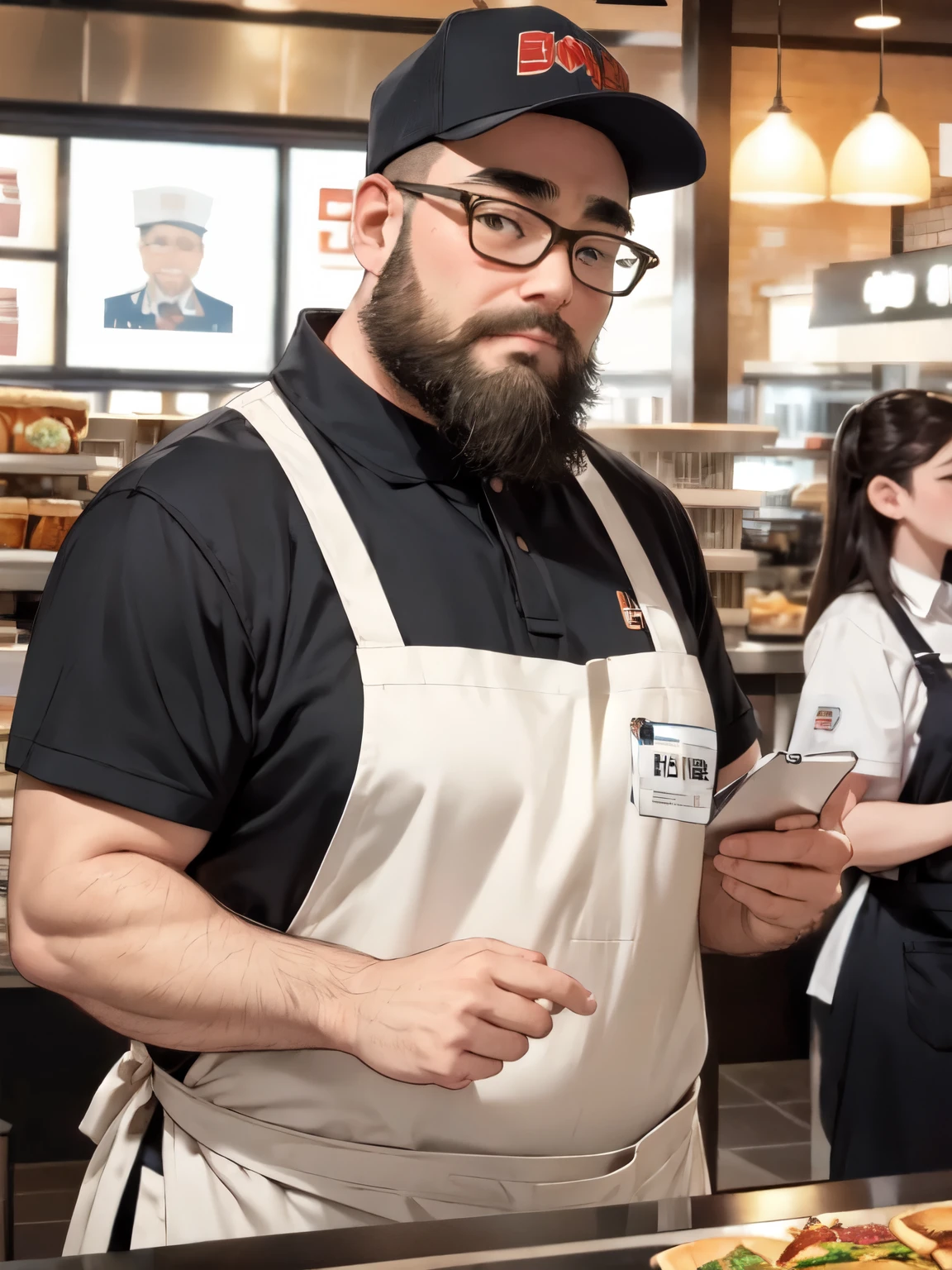 1 boy, beard, Glasses, obesity, Image of a fast food worker taking an order at the register。The uniform includes an apron and a cap.、I have a name tag on my polo shirt。In the background of the restaurant is a food court.、Bright lighting and promotional signs convey a sense of energy.。It depicts moments of interaction with customers.。