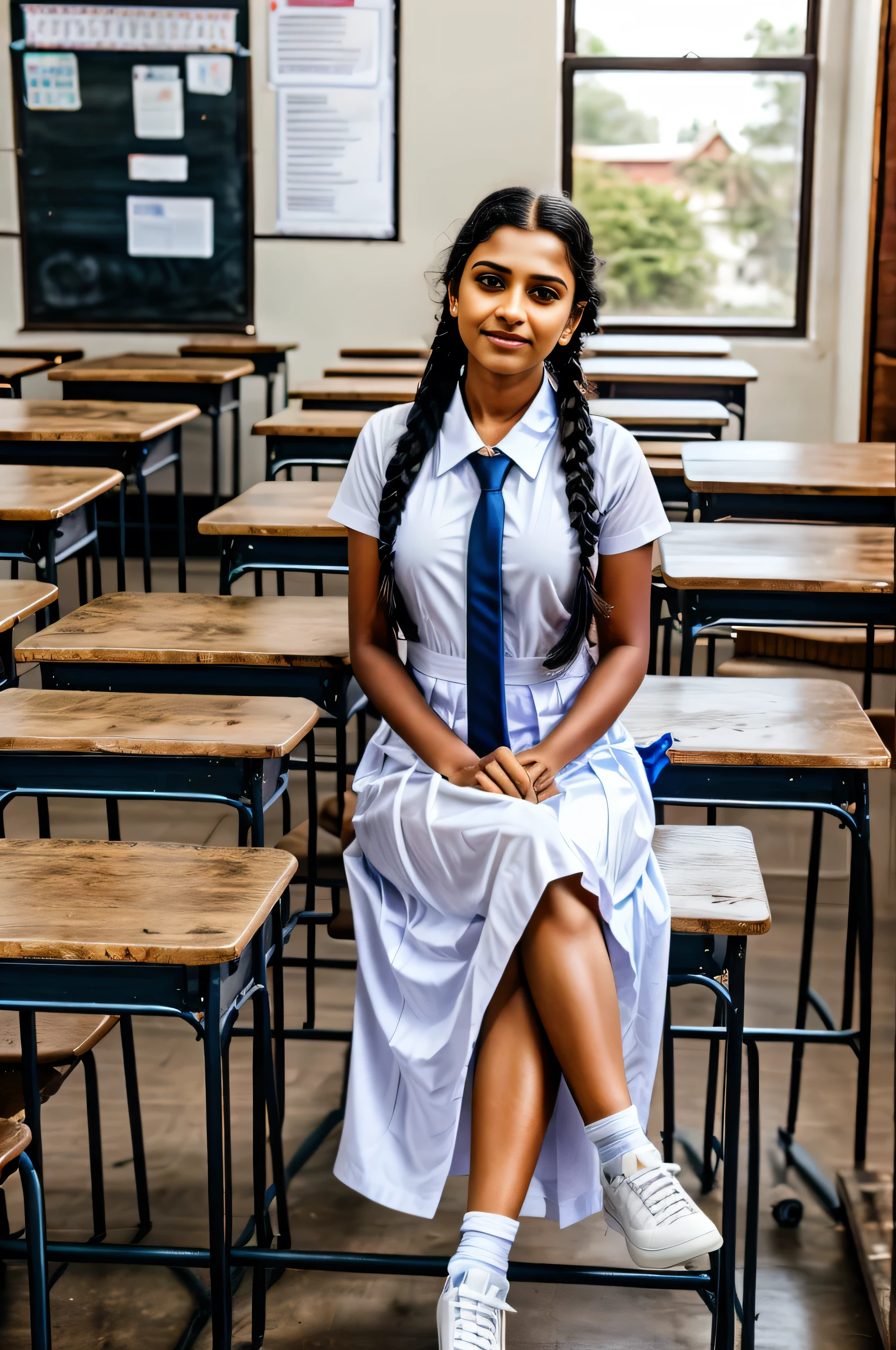 Raw photo , 1 girl  ,Wearing white frock and color tie, white shoes,  ((*********** girl studying on on in the classroom)), with plait, biggest breasts size , professional photographer, (hdr:1.4), masterpiece, ultra-realistic 8k, perfect artwork, intricate details, cute face, award winning photograph, (Best quality, 8k, 32k, Masterpiece, UHD:1.3) , Best Category- "Portrait Photography": "RAW photo of a beautiful cute Sri Lankan school girl, medium breast size , 20 years old, wearing a white frock and a colored tie. She has plaits, black braided long hair, and is wearing white shoes and socks. The photo should capture her full body in a portrait style." ,realistic , hyper, realistic , photorealistic , HD ,realistic , natural skin, 8k, UHD, high quality, film grain, Fujifilm XT3

