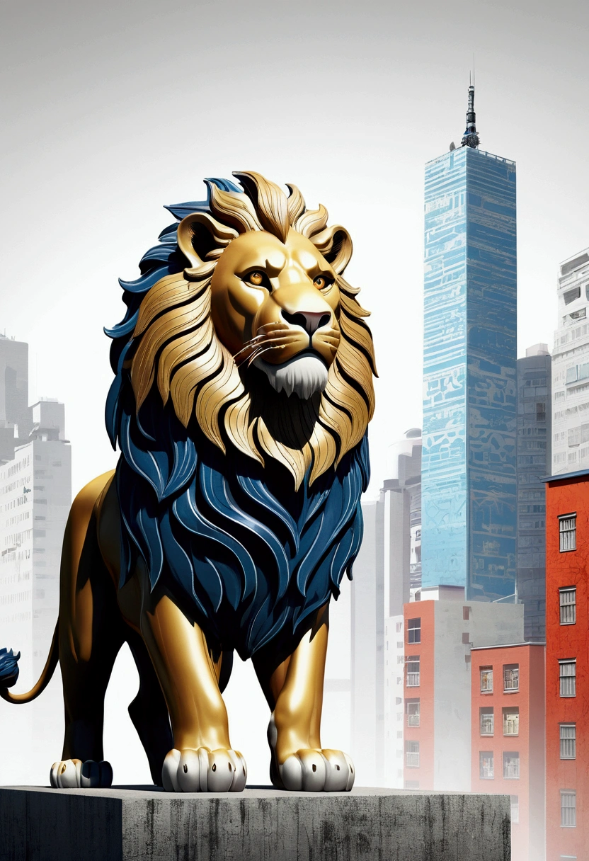 **A striking 3D render illustration of a powerful symbol representing courage and strength, featuring a stylized figure of a lion standing proudly against a crisp white background. The lion's mane is composed of intricate patterns and designs, symbolizing various forms of courage and strength. Its fierce, determined eyes evoke a sense of bravery. The overall ambiance of the image is cinematic and dynamic, with a touch of graffiti-inspired elements. The vibrant urban landscape in the background, reminiscent of ukiyo-e art, features tall buildings and a city skyline. The lion's posture and presence in the scene create a sense of conceptual art, inviting viewers to reflect on the essence of courage and strength., graffiti, ukiyo-e, 3d render, conceptual art, graffiti, painting, vibrant, illustration, photo, cinematic