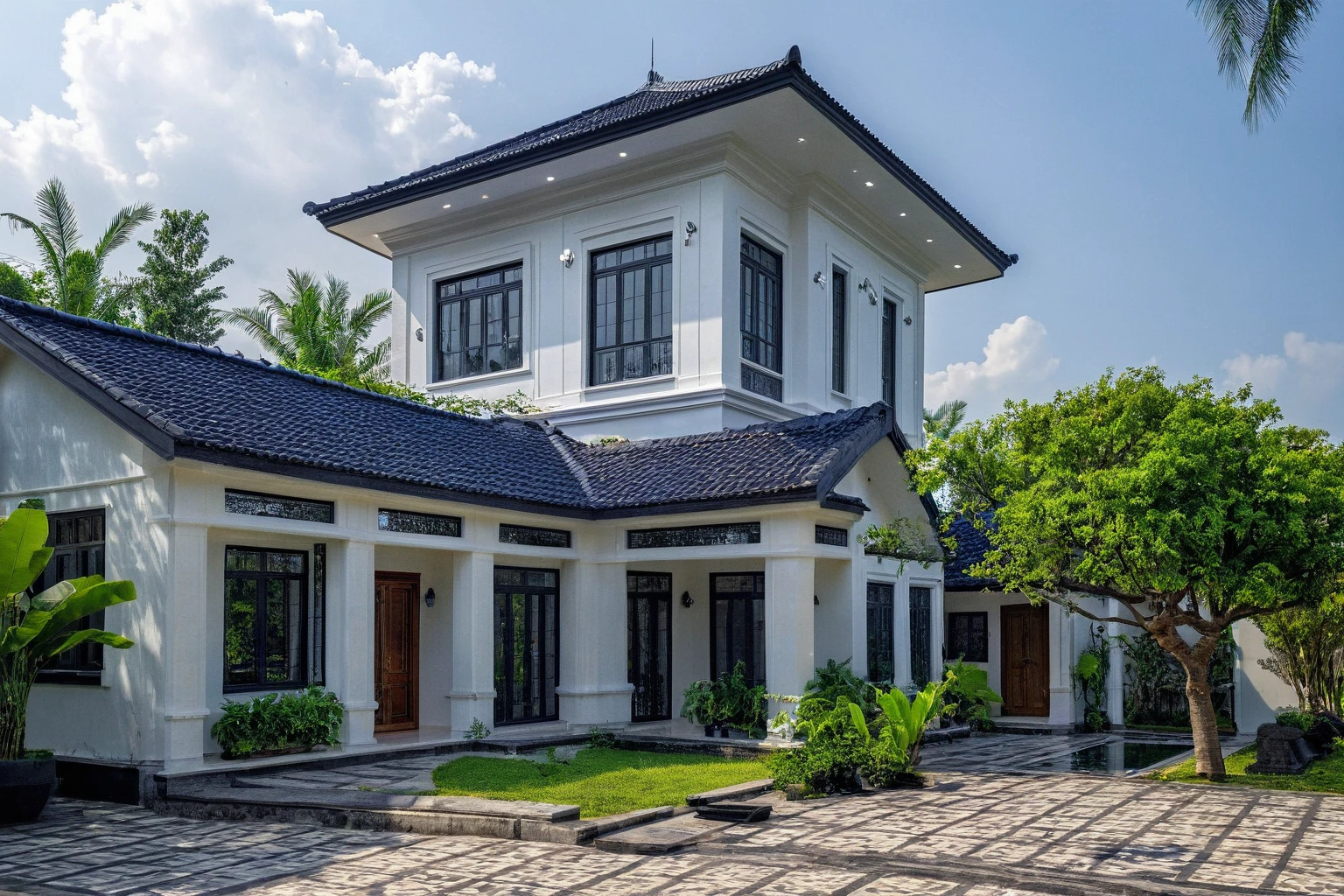 (masterpiece:1.2), best quality, photo Modern house in Vietnam with dark tiled roof, dark granite walls, neoclassical details, green environment, daylight, landscape Street view, natural light, vivid colors an elegant detached house with large windows, dark gray door frames.