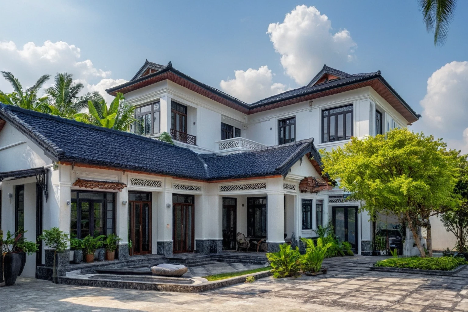 (masterpiece:1.2), best quality, photo Modern house in Vietnam with dark tiled roof, dark granite walls, neoclassical details, green environment, daylight, landscape Street view, natural light, vivid colors an elegant detached house with large windows, dark gray door frames.