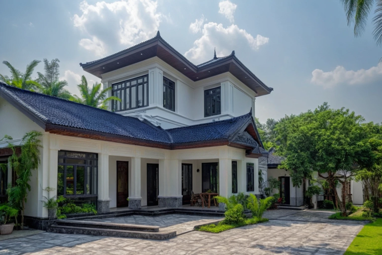 (masterpiece:1.2), best quality, photo Modern house in Vietnam with dark tiled roof, dark granite walls, neoclassical details, green environment, daylight, landscape Street view, natural light, vivid colors an elegant detached house with large windows, dark gray door frames.