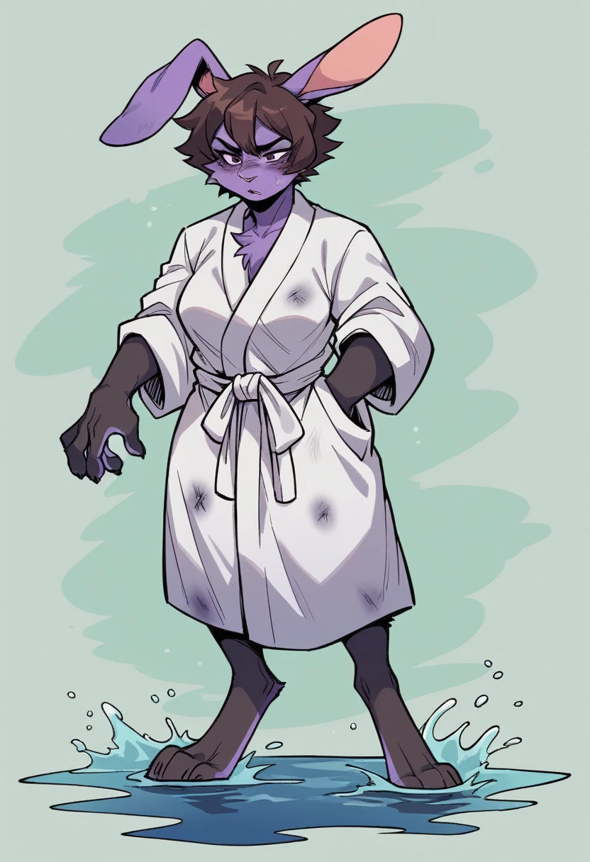 create a picture of a female half rabbit character with purple giant rabbit digitigrade legs with white paws and black stains, put purple rabbit ears on top of her head with black stains, make her wearing a closed white bathrobe, put purple fur on her arms from her elbows down, give her short brown hair, make her legs look fluffy and furry, make it in an anime style, make her look super relaxed and like she’s dreaming, give her black gauntlets, make her look bruised, give her moderate breasts, make her laying down flat on her back with her whole body floating in a body of deep water with her arms and legs spread out in the water, make the water look steamy