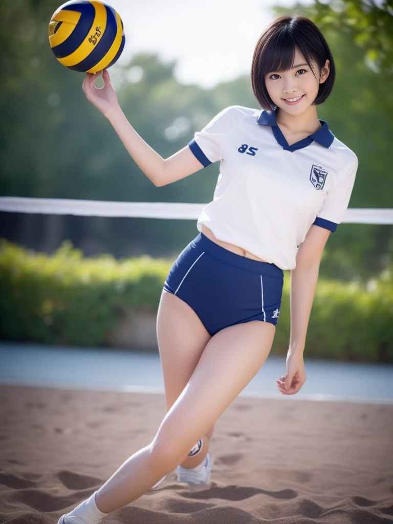Glossy thighs、(8K、top-quality、​masterpiece:1.2)、(realisitic、Photorealsitic:1.37)、ultra-detailliert、top-quality、超A high resolution、professionally lit、Photon mapping、Radio City、physically-based renderingt、Cinematic lighting、depth of fields,Focusing,Sun'rays,Good composition,,(((1 girl of 12 years))),Double eyes、(((white Volleyball uniform 、Dark blue high-leg low-rise bloomers)))、Gymnasium、A big smile、Gymnasium Court,  (Tween model, 12 year old girl, young)), Ethereal beautiful, slim, very beautiful short hair,Colossal tits、 Toned abs, short cut hair、Soft light, ((David Hamilton Style)),