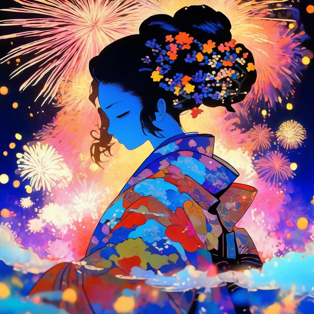 Microphotography, Anime girl made of glass in kimono silhouette, vibrant rainbow river, fireworks in night sky, colorful coral reefs, detailed illustration, Ukiyo-e style --ar 3:4 --style raw --stylize 600 --niji 6