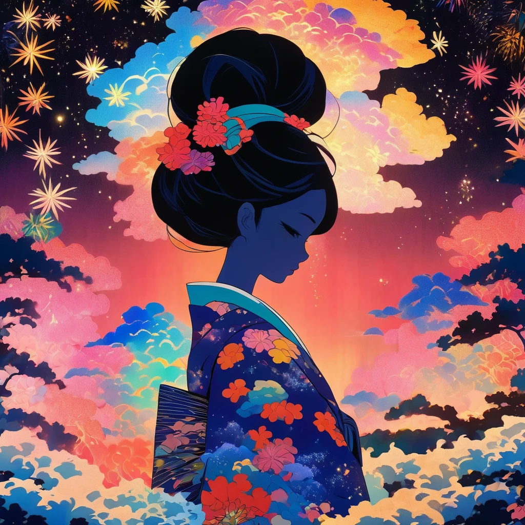 Microphotography, Anime girl made of glass in kimono silhouette, vibrant rainbow river, fireworks in night sky, colorful coral reefs, detailed illustration, Ukiyo-e style --ar 3:4 --style raw --stylize 600 --niji 6