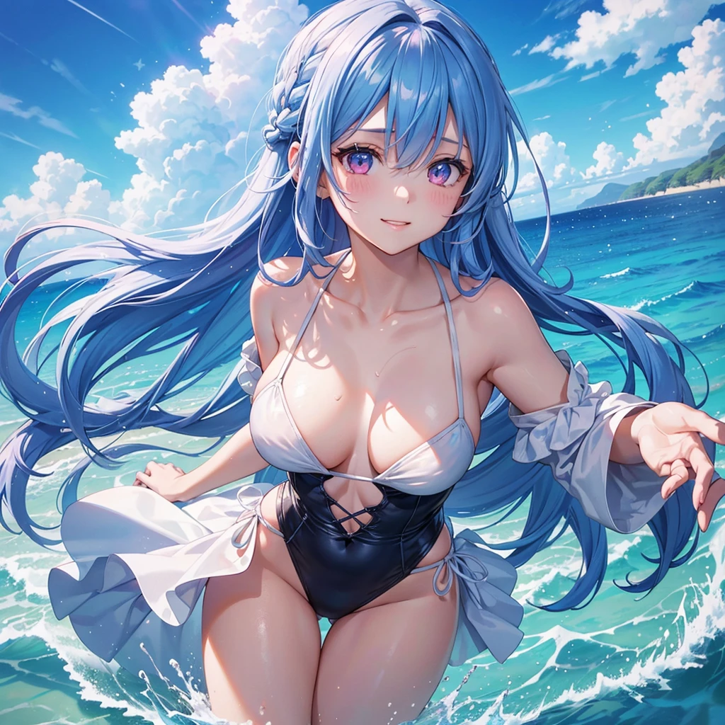 (Sky blue medium hair),(Braided hair tied together)、Pink eyes、Fair skin、(whole body)、(One Girl)、Black Swimsuit、Stylish sunglasses、Shining white sand beach in midsummer、Hawaiian Ocean、A big smile、、(masterpiece、Highest quality、Very detailed、Best Shadow)、(Detailed Background)、(Beautifully detailed face)、High contrast、(Best lighting、Very delicate and beautiful)、((Cinematic Light))、colorful、Hyper Detail、Dramatic Light、Exquisite detail