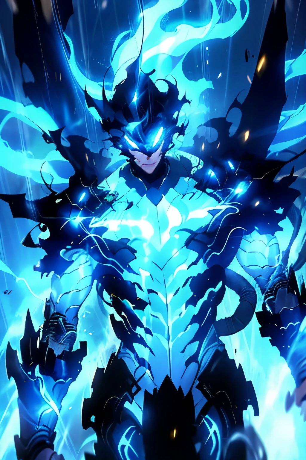 A boy who got struck by lightning and got speed, flying, lighting bolts, a superhero suit blue with a glowing lighting symbol, hair color dark blue, stormy environment. He can fly and manipulate electricity