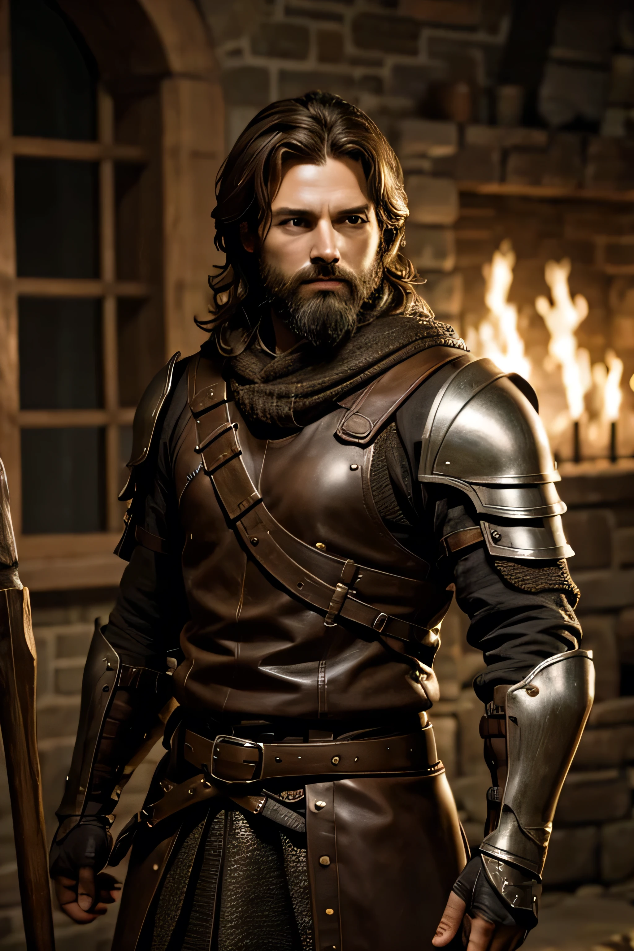 1 male medival ranger, brown hair, beard, ungly face, 35 years old, leatherarmor & chainmail, no shoulderpads, absurdres, high res, ultrasharp, 8K, masterpiece, the image should be of absurd resolution and high detail. It should be ultra-sharp and available in 8K resolution, representing a masterpiece in image quality.