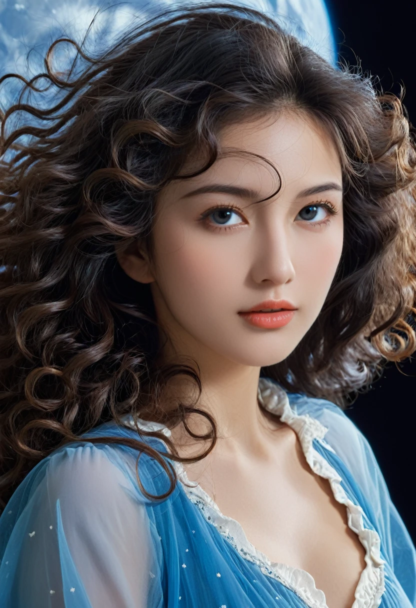 (Beautiful woman half face close-up,(flying long curly hair1.0 blue moon Deva Cassel Brian Bolland &#39;s style, Shading vivid colors hd--c 25--ar 51:91--s 400--v 5.1