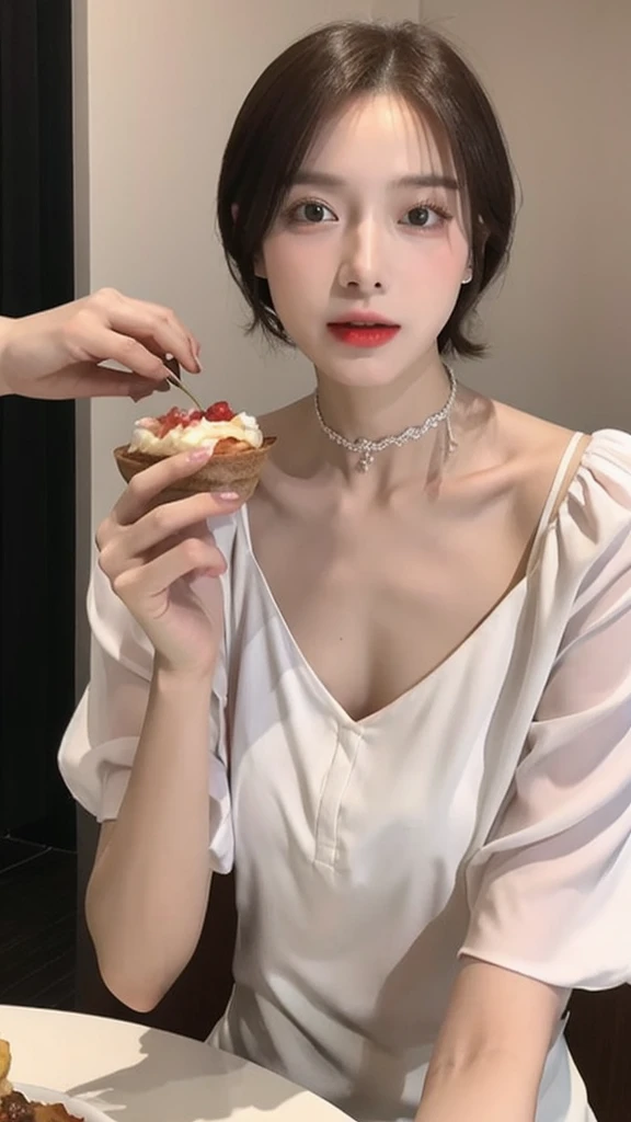 (real, High resolution:1.3), short hair, blouse:1.2,Male body with female face、A dainty man dressed as a woman、Eating at home、Transsexual、Cross-dressing men、The collarbone and hands are slightly muscular.