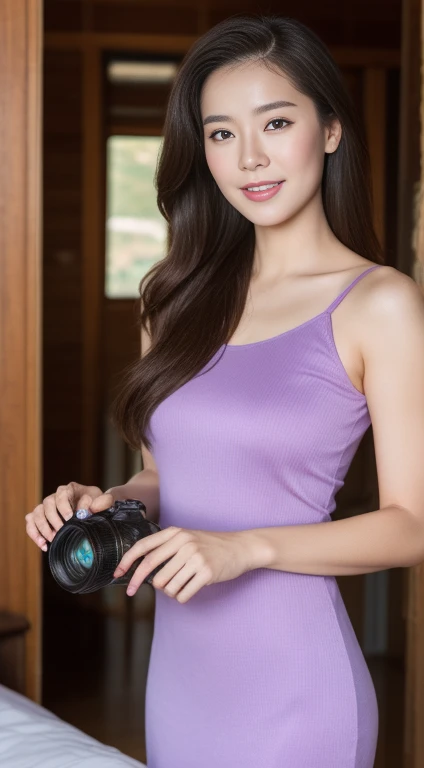 Photo-realistic (1 celebrity sister of the Korean royal family) I brushed it back., white skin, Put on some makeup, Chest size 32 inches, little smile, Wear a purple patterned slip dress. standing in front of the cabin, panoramic lens, Hyper HD,Butt cocked,black lens stockings