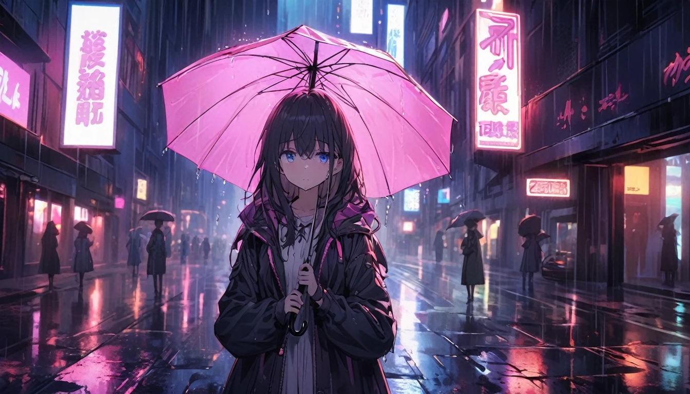 An anime girl standing on a rainy city street at night, with neon lights reflecting off the wet pavement. She has a melancholic expression, her eyes reflecting the sadness and realization of unfulfilled expectations. She is holding an umbrella, but still slightly drenched, symbolizing the struggles she faces. The background features tall buildings with glowing signs, creating a vibrant yet lonely atmosphere. The lighting emphasizes the contrast between the bright neon lights and the dark, rainy night, highlighting her as the focal point.