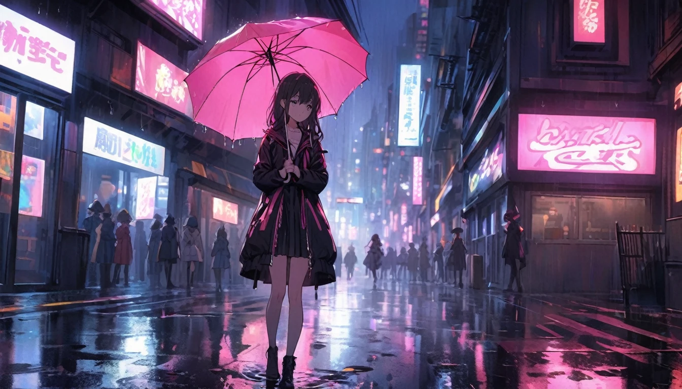 An anime girl standing on a rainy city street at night, with neon lights reflecting off the wet pavement. She has a melancholic expression, her eyes reflecting the sadness and realization of unfulfilled expectations. She is holding an umbrella, but still slightly drenched, symbolizing the struggles she faces. The background features tall buildings with glowing signs, creating a vibrant yet lonely atmosphere. The lighting emphasizes the contrast between the bright neon lights and the dark, rainy night, highlighting her as the focal point.