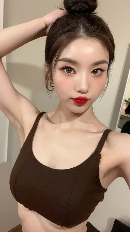 ((คุณภาพgoodที่สุด, 8K, Masterpiece :1.3)),   Sharp focus :1.2,   (((Korean artist, Kwon Eun Bin)),   Beautiful woman with a perfect figure :1.4,   Slender stomach :1.2,  ((big breasts:1.2)).   Highly detailed facial and skin textures,   good eyes,   Double eyelids,    Whiter skin,    ((Makeup. red lipstick)),    (((Brown hair in a bun))).    earring. earring

((micro panties, good)).  Raise both hands straight up..    Lift both armpits straight..   overhead.    Show the texture of your armpits..    In front of the camera.   Armpit details.   Smooth armpits.   good.   และgood.   Seductive armpits.    Raise both hands straight up..    Lift both armpits straight..   overhead.    Show the texture of your armpits..    In front of the camera.   Armpit details.   Smooth armpits.   good.   และgood.   Seductive armpits.    ((In front of the makeup mirror))