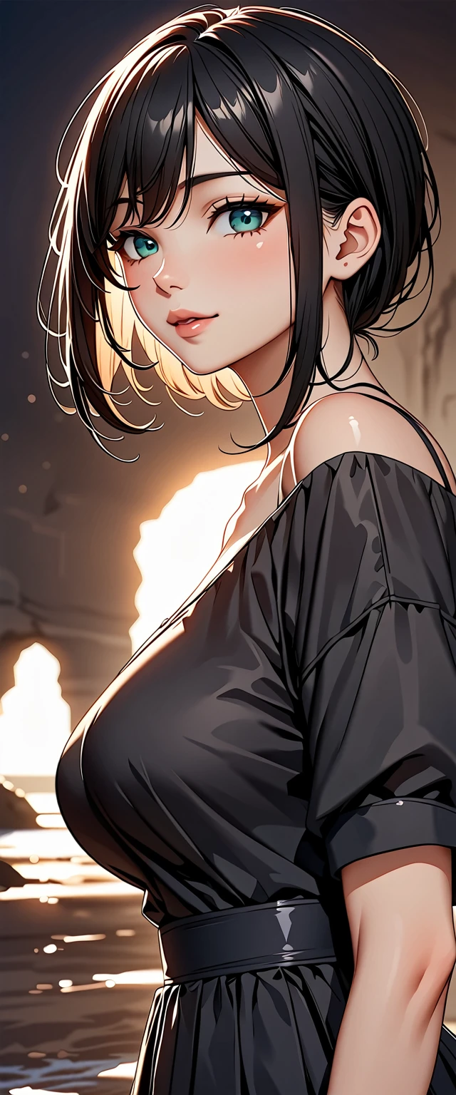 Photo of a woman with natural skin, Seaside cave, The light is shining in, Upper Body, Smiling, High Twintails, Black hair with red mesh, Sharp eyes with red eyeshadow, Blue-green eyes, Shining eyes, A thin, upturned nose, Well-shaped lips, Big Breasts, ((Black off-the-shoulder dress, Thin shoulder straps)), barefoot, Makeup, Exquisitely crafted with the utmost attention to detail, Vibrant, amazing, Smooth, Cinematic, 4K, Backlight, (()), Shallow depth of field, ((Detailed eyes:1.3, Detailed lips:1.3, high quality, )), masterpiece, Super detailed images, High quality